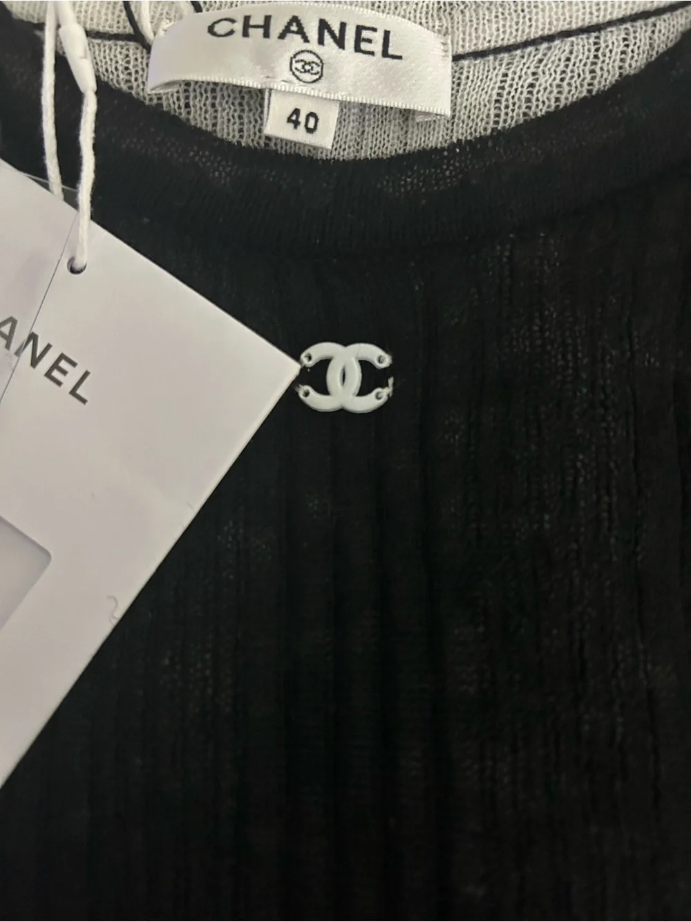 New CHANEL Black Ribbed Short Sleeve Knit Tee with Logo Charm
